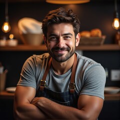 Fototapeta premium Bakery cafe and male owner for business portrait and smile for small scale restaurant and service kitchen pastry and baker for entrepreneur in hospitality shop and man for food industr : generative ai