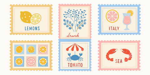 Collection of Summer Themed Stamps with Fruits Seafood and Drinks Illustrations