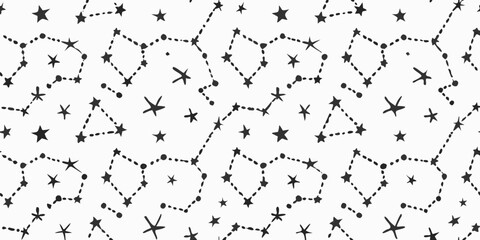 Seamless Pattern with Hand Drawn Constellations and Stars on White Background