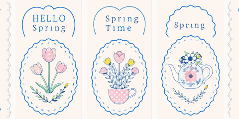 Charming Spring Illustrations with Flowers Teapot and Delicate Borders Set