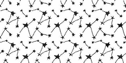 Hand drawn star constellations seamless pattern in black and white colors