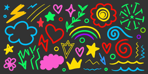 Colorful Doodle Elements on Dark Background Hand Drawn Stars Hearts Clouds and More