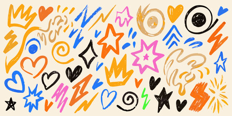 Colorful Hand Drawn Doodle Elements Background with Hearts Stars Crowns and Swirls