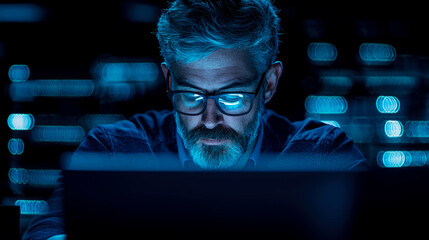 Intense bearded man with glasses reflecting blue screen light, deeply focused on his laptop in dark, high-tech environment with glowing data servers