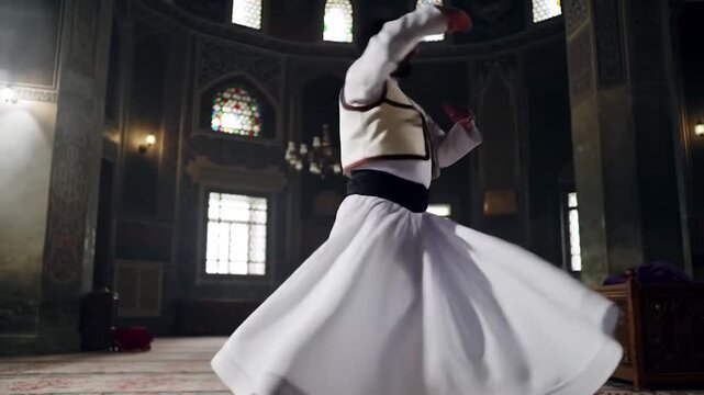 Whirling Dervish Man Performs Traditional Sufi Dance in a Spiritual Ceremony, Showcasing Cultural Heritage.