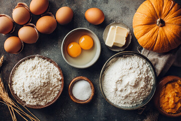 Ingredients for pumpkin pie are laid out on a wooden table. Autumn rustic baking background with pumpkins. Banner. Cooking pumpkin or apple pie and cookies for Thanksgiving and fall holidays.