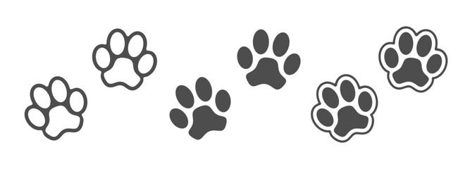 Pet paw prints graphic icons set. Pet paws signs isolated on white background. Vector illustration