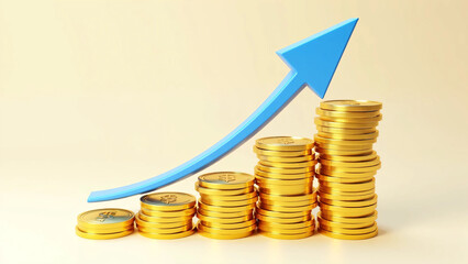 3D render of stacked gold coins arranged in ascending columns representing financial growth, savings, investment success, and wealth accumulation in a clean modern business and economic illustration.