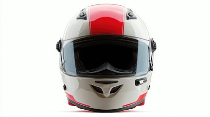 Off-white full-face helmet with bold red racing stripes, clear visor, and subtle shadowing on a white background