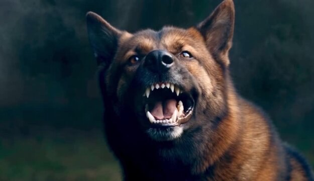 The angry dog is baring his teeth.