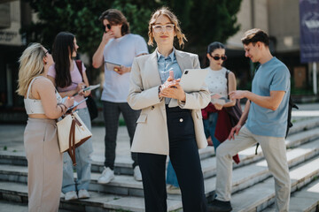 A professor engaging with a group of students on campus steps, fostering communication and collaboration.