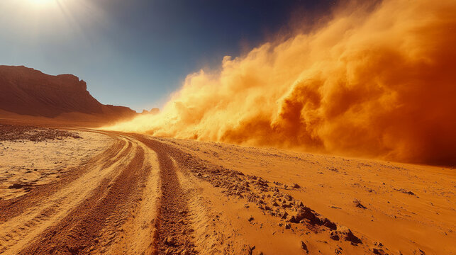 Epic desert landscape featuring powerful and vibrant orange dust storm sweeping across sandy terrain with curving dirt road and distant rock formations under luminous sky