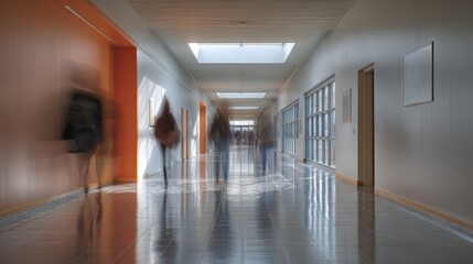 Motion blur of school children walking in modern bright corridor symbolizing education and back to school