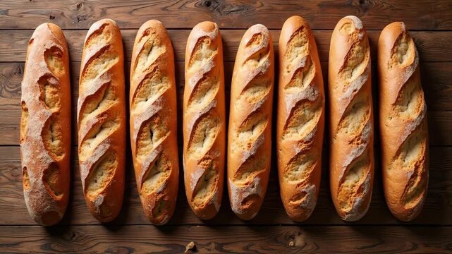 Freshly baked crusty baguettes arranged on a rustic wooden table, a delightful bakery scene