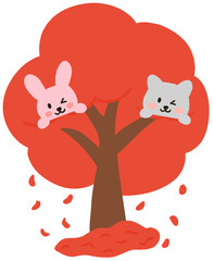 Cute Animals(bunny and kitten) Playing in an Autumn Tree – Maple Tree Fall Illustration