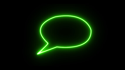 A vibrant green neon speech bubble glows brightly against a deep black background symbolizing communication conversation and digital messaging in a modern abstract style