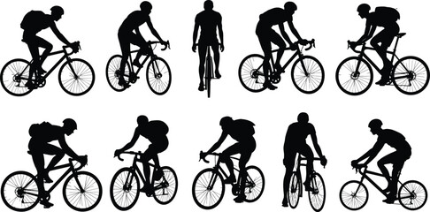 Silhouette collection of cyclists riding bicycles, outdoor exercise, urban transportation, fitness activity, road cycling, commuting, athlete workout, healthy lifestyle, black figure art.