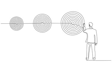 Continuous one line drawing of businessman drawing goals from small to large, symbolizing determination, planning, and ambition for business progress, single line art