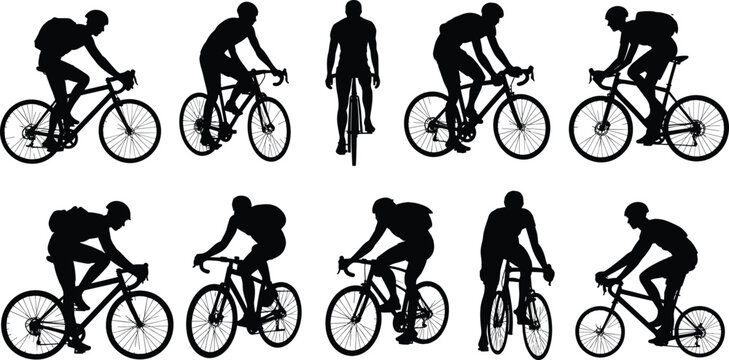 Silhouette collection of cyclists riding bicycles, outdoor exercise, urban transportation, fitness activity, road cycling, commuting, athlete workout, healthy lifestyle, black figure art.