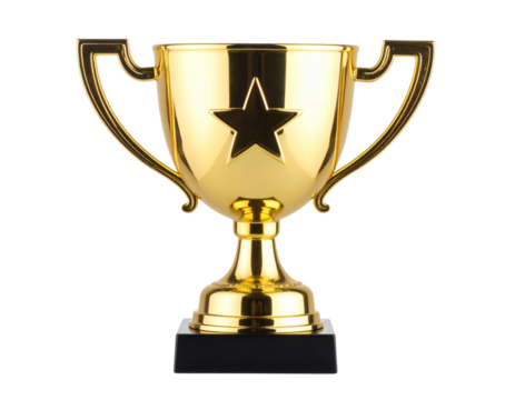 Angled View of Gold Trophy with Star Symbol and Wide Handles, Isolated on Transparent Background - Powered by Adobe