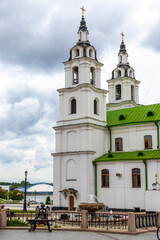 Fototapeta premium Holy Spirit Cathedral church and dark storm clouds in Minsk Belarus.
