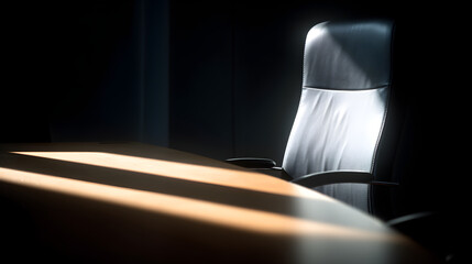 An empty office chair sits in a dark room with sunlight streaming through the window