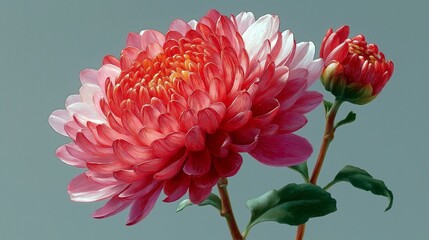 Vibrant red and pink chrysanthemum blossoms showcase their intricate petals in a serene, minimalistic setting, inviting viewers to appreciate nature's artistry and beauty