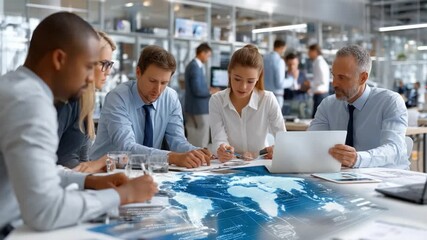 Business Meeting with a Global Perspective: A team of diverse business professionals, huddled around a table, strategizing and analyzing a detailed world map. - Powered by Adobe