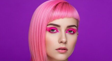 Obraz premium Woman with pink hair and graphic eye makeup fashion portrait