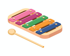 Wooden xylophone toy isolated on a white background with a red ball and brown box