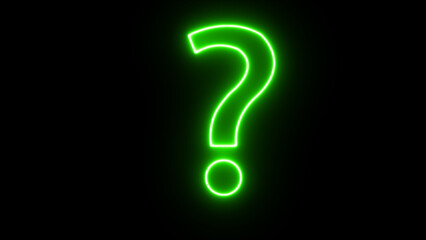 Bright neon green question mark glowing in the dark against a black background symbolizing mystery uncertainty and inquiry