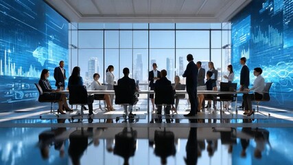 Strategic Gathering: A corporate summit unfolds in a high-rise office, with a panoramic view, as a group of business professionals engage in focused discussions and decisions. The scene.