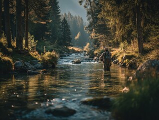A lone fisherman practices fly fishing in a serene, shallow river surrounded by a pine forest. The peaceful, sunlit scene captures the essence of outdoor recreation, hobby, and nature