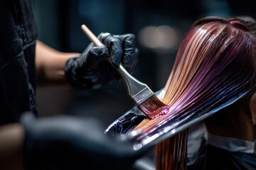 A professional hairstylist or colorist carefully applies red hair dye to a woman's long hair with a brush in a salon. This close-up shot focuses on the process of hair coloring and beauty treatment