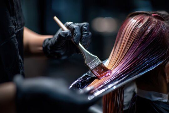 A professional hairstylist or colorist carefully applies red hair dye to a woman's long hair with a brush in a salon. This close-up shot focuses on the process of hair coloring and beauty treatment