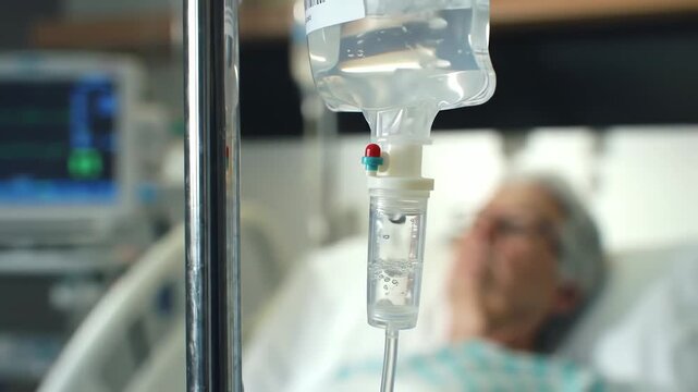 iv drip bag in hospital room with patient