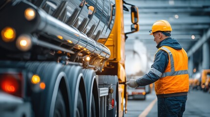 A professional driver in a hard hat and safety vest inspects a fuel tanker truck at a logistics depot at night. This image represents the transportation industry, logistics, and occupational safety