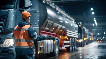A professional driver in a hard hat and safety vest inspects a fuel tanker truck at a logistics depot at night. This image represents the transportation industry, logistics, and occupational safety