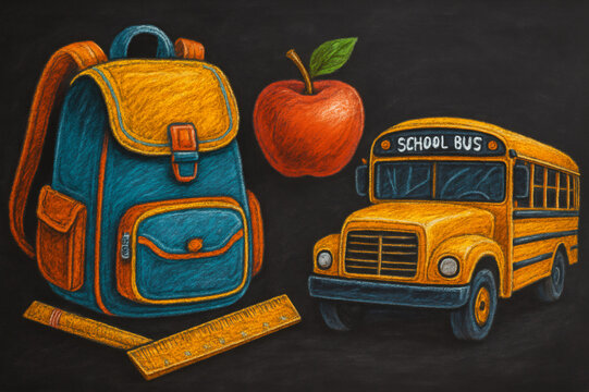 Backpack, apple and school bus drawn on blackboard symbolizing back to school