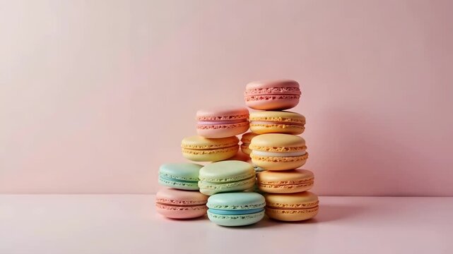 Delightful pastel macarons stacked high creating a sweet, inviting visual for baking or celebration themes