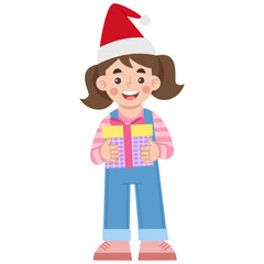 Illustration of a cheerful girl holding a Christmas gift