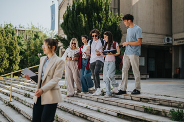 Fototapeta premium A group of university students accompanied by their professor walking and discussing ideas outdoors.
