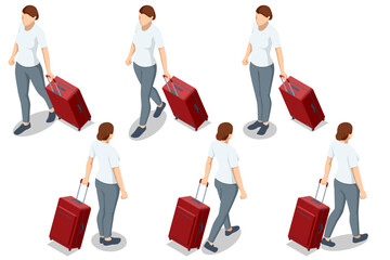 Isometric set of a woman character with a red suitcase. Different poses and angles for travel, migration, tourism, and passenger concepts. Vector illustration for transport and journey themes.