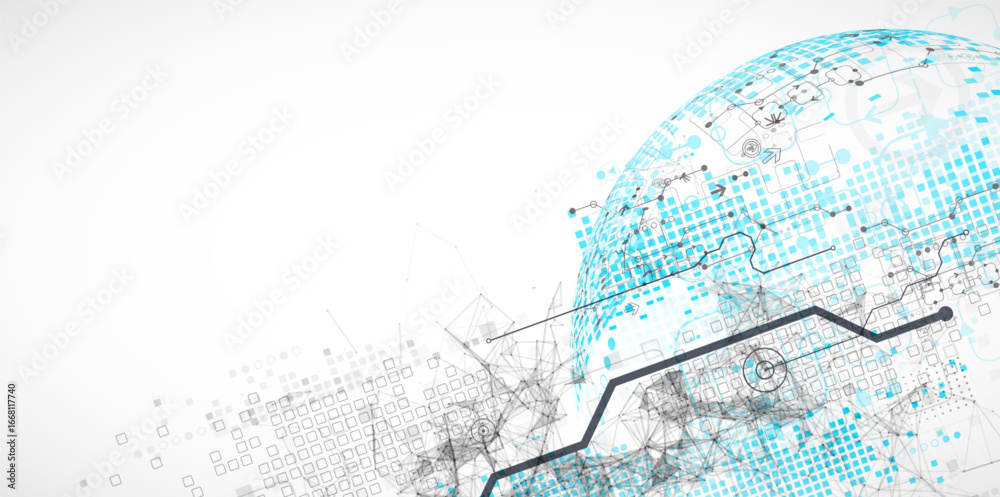 Wall mural abstract technology concept. used blue squares, tech lines and plexus effect. vector illustration.