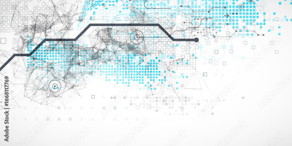 Wall mural abstract technology concept. used blue squares, tech lines and plexus effect. vector illustration.