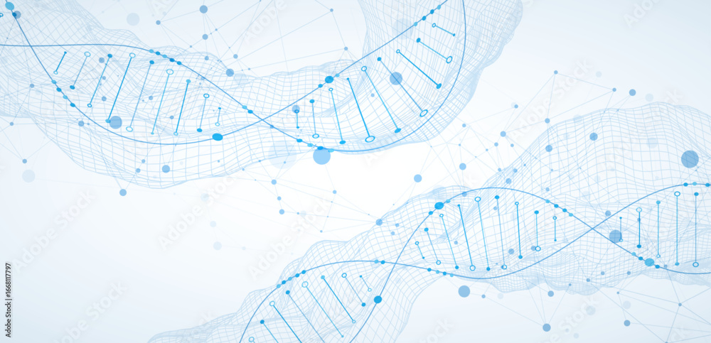 Wall mural abstract image of dna molecule on wireframe wave. scientific vector background.