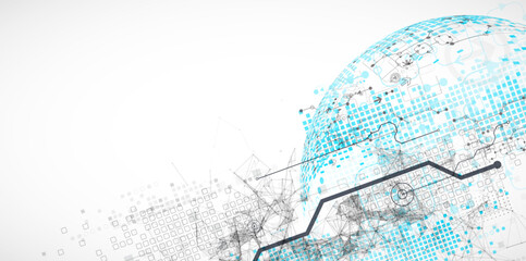 Abstract technology concept. Used blue squares, tech lines and plexus effect. Vector illustration.