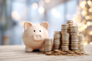 Piggy bank accumulating savings with stacks of coins for christmas