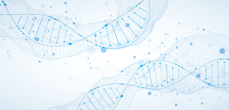 Abstract image of DNA molecule on wireframe wave. Scientific vector background.