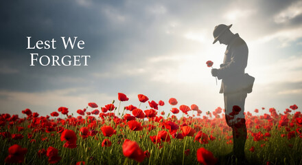 Lest We Forget. Soldier in a poppy field holding a single poppy flower at sunrise.